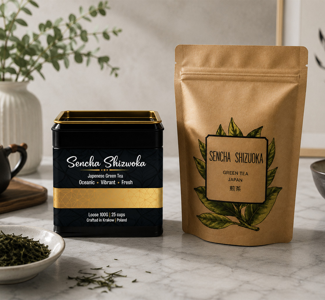 Sencha Shizuoka Leo Tea – elegancka puszka, doypack i kubek prezentowy